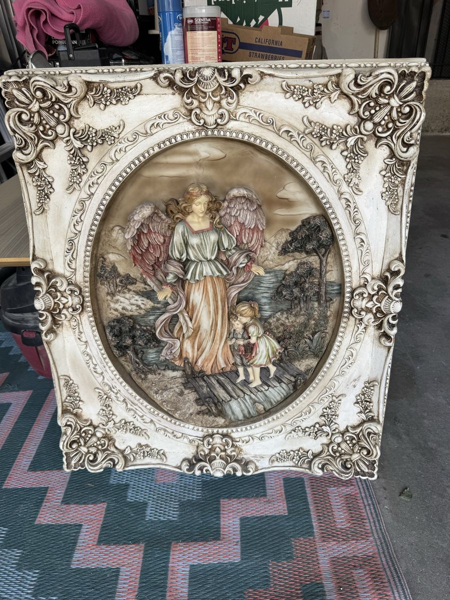 Ornate Vintage 3D Guardian Angel Wall Art Relief Plaque in Detailed Scroll Frame