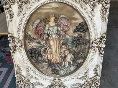Ornate Vintage 3D Guardian Angel Wall Art Relief Plaque in Detailed Scroll Frame