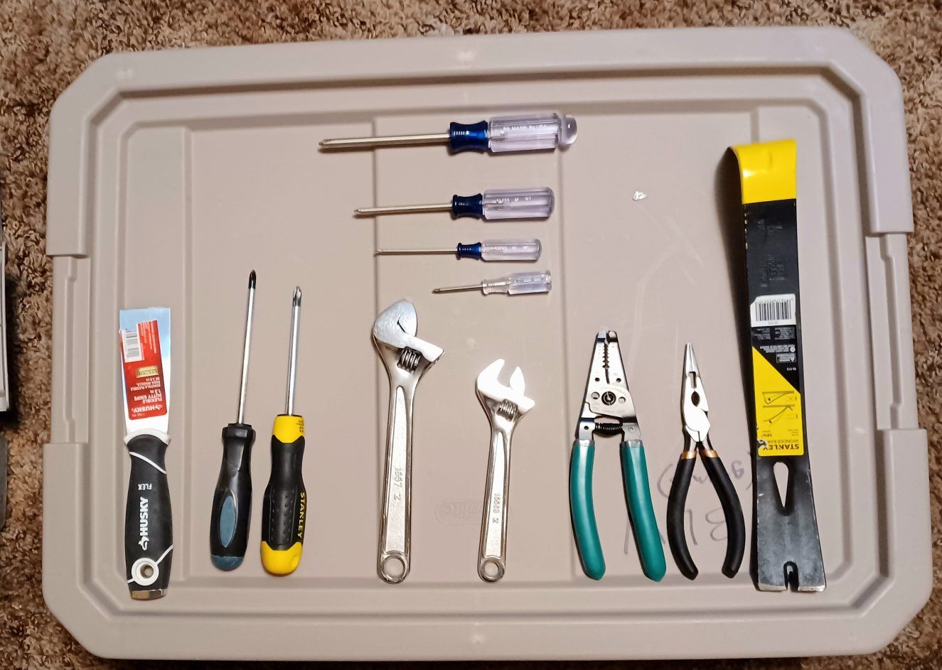 Mixed Tool Lot: Husky Stanley Screwdrivers, Wrenches, Pliers, Scraper, Pry Bar