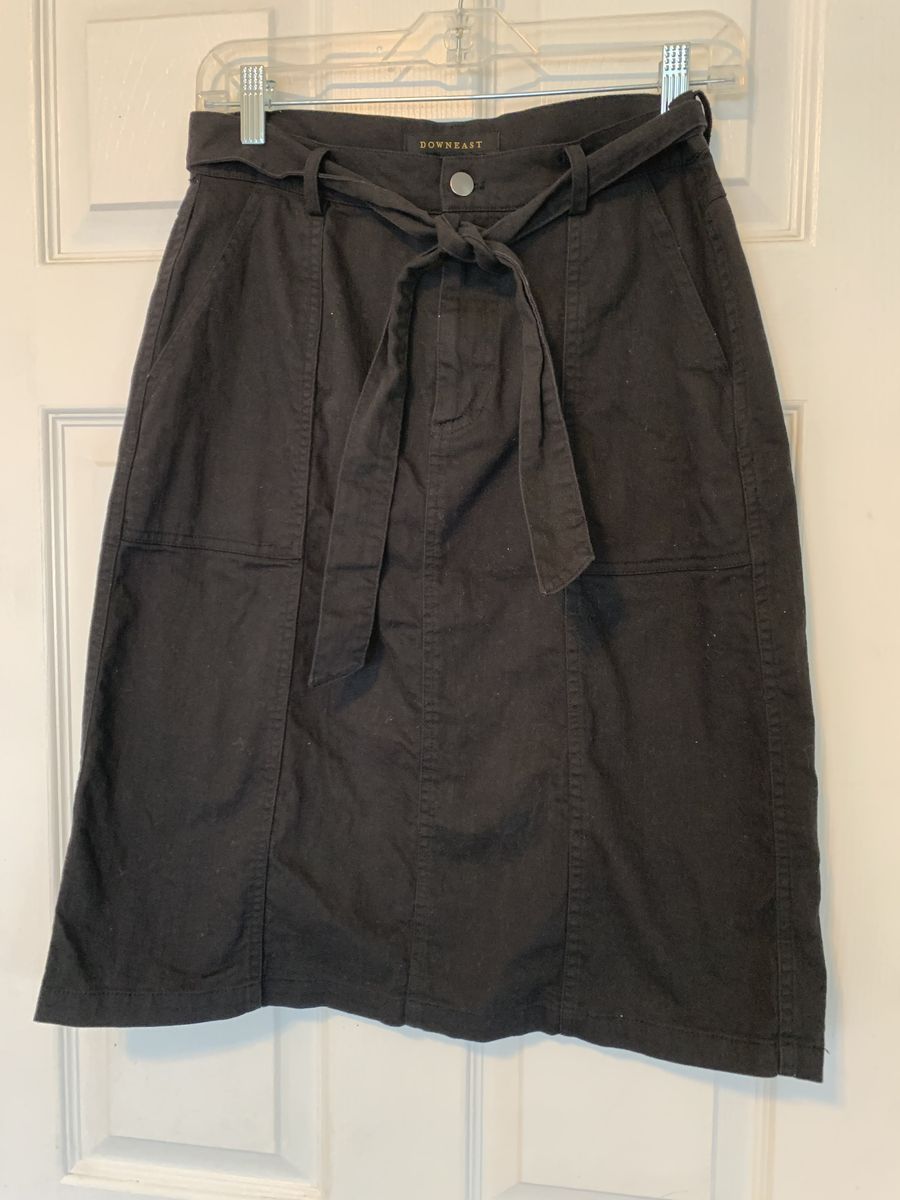 Downeast Black Tie-Waist Midi Skirt - Size M, 98% Cotton, 2% Spandex