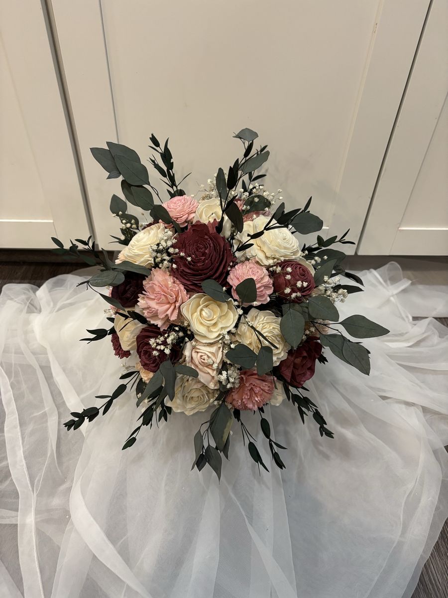 Handmade Sola Wood Flower Bridal Bouquet - Burgundy, Blush, Ivory with Greenery