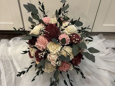 Handmade Sola Wood Flower Bridal Bouquet - Burgundy, Blush, Ivory with Greenery