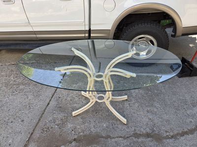 Cast Aluminum Faux Bamboo Mid-Century Modern Glass Top Table