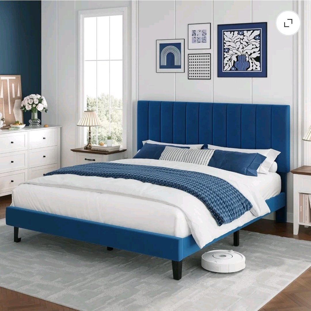 Brand New Queen Size Blue Velvet Upholstered Platform Bed – 1000 lb Capacity  #473