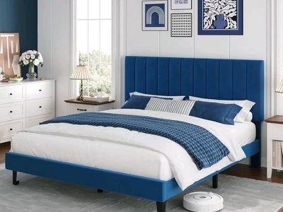Brand New Queen Size Blue Velvet Upholstered Platform Bed – 1000 lb Capacity #473