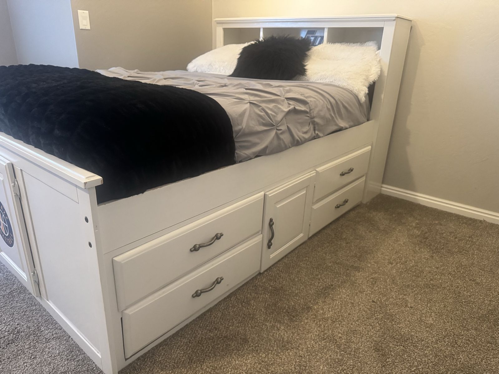 Full Size White Captain's Storage Bed Frame with Bookcase Headboard - includes mattress 