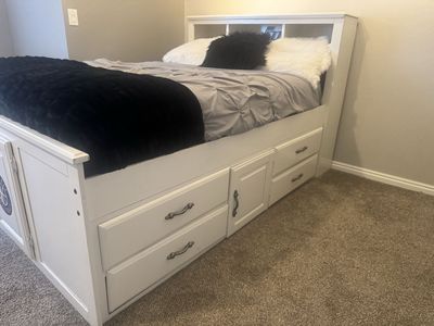 Full Size White Captain's Storage Bed Frame with Bookcase Headboard - includes mattress