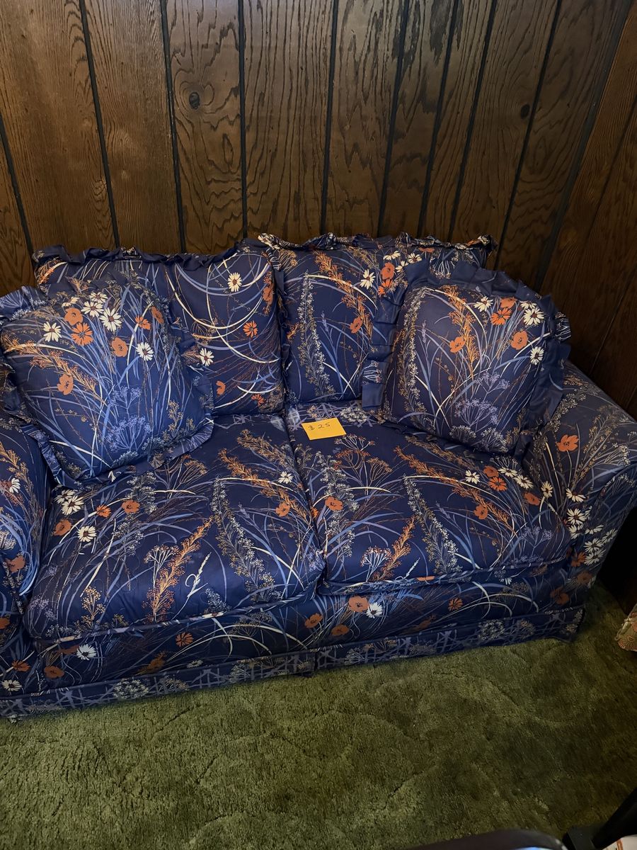Vintage Floral Sofa/Loveseat - Blue with Orange & White Wildflower Print - Ruffled Pillows