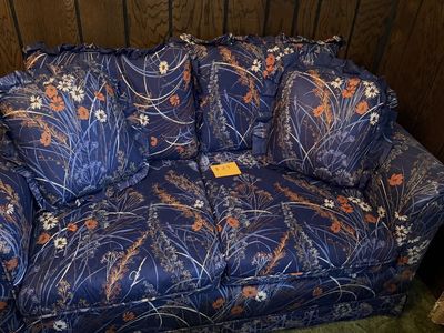 Vintage Floral Sofa/Loveseat - Blue with Orange & White Wildflower Print - Ruffled Pillows