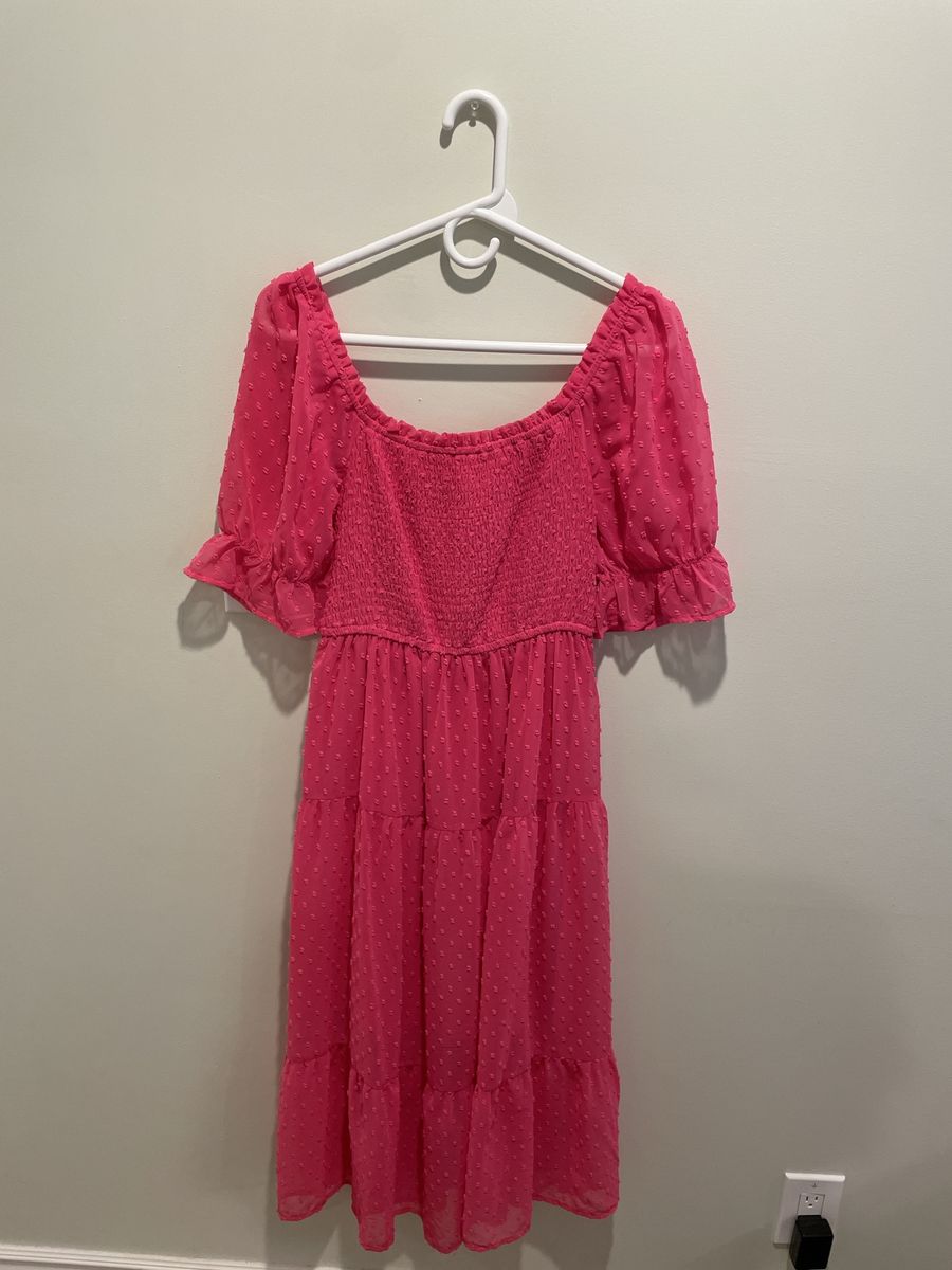 Pink Swiss Dot Smocked Tiered Mini Dress Puff Sleeve Summer Spring Casual Size M