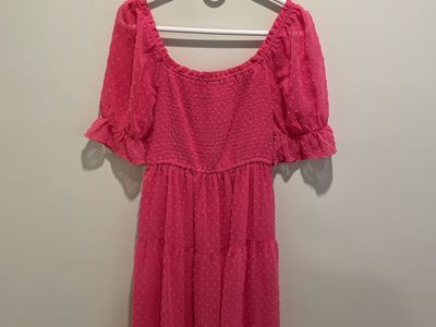 Pink Swiss Dot Smocked Tiered Mini Dress Puff Sleeve Summer Spring Casual Size M