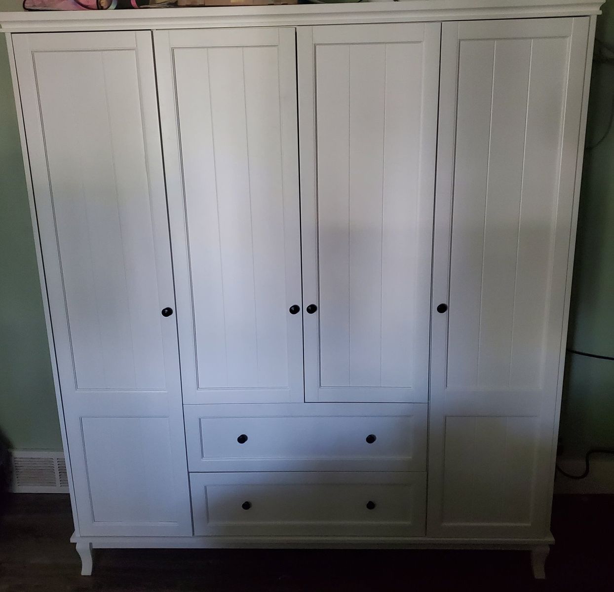 White Wood 4-Door Armoire Wardrobe w/ Hanging Rod, 2 Drawers, Storage Shelves (63"W x 71.3"H)