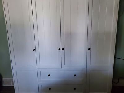White Wood 4-Door Armoire Wardrobe w/ Hanging Rod, 2 Drawers, Storage Shelves (63"W x 71.3"H)
