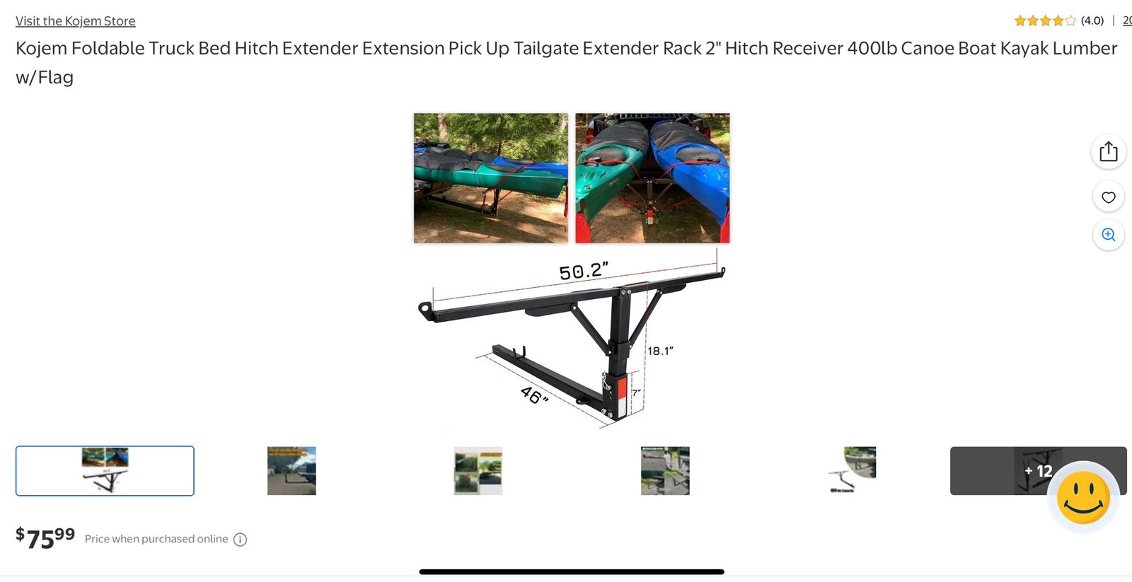 Kojem Foldable Truck Bed Hitch Extender - 2" Receiver, 400lb Capacity for Canoe, Kayak, Lumber w/ Flag