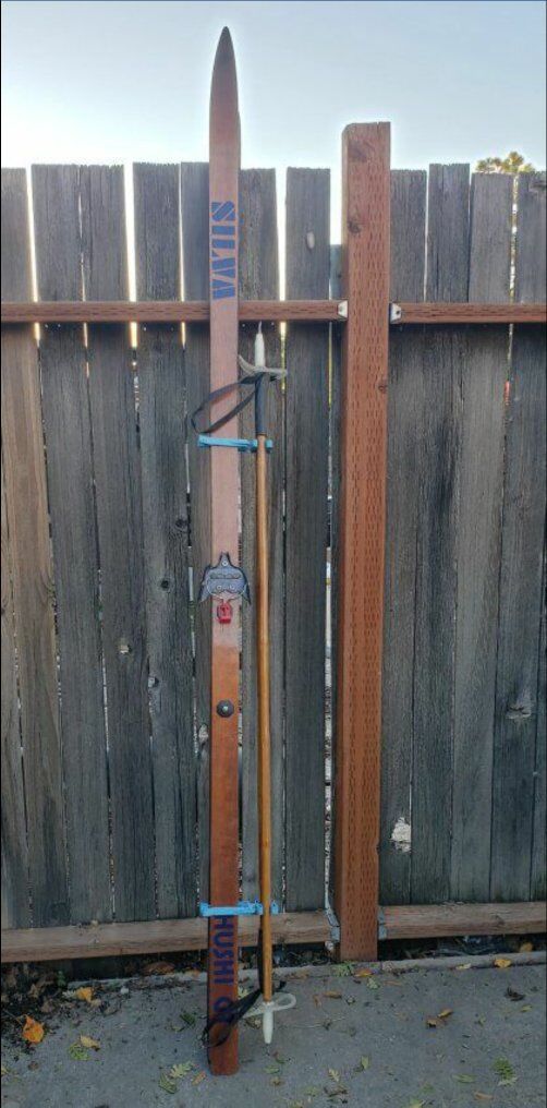 ANTIQUE NORWEGIAN wooden SKIS and poles SILVA HUSK