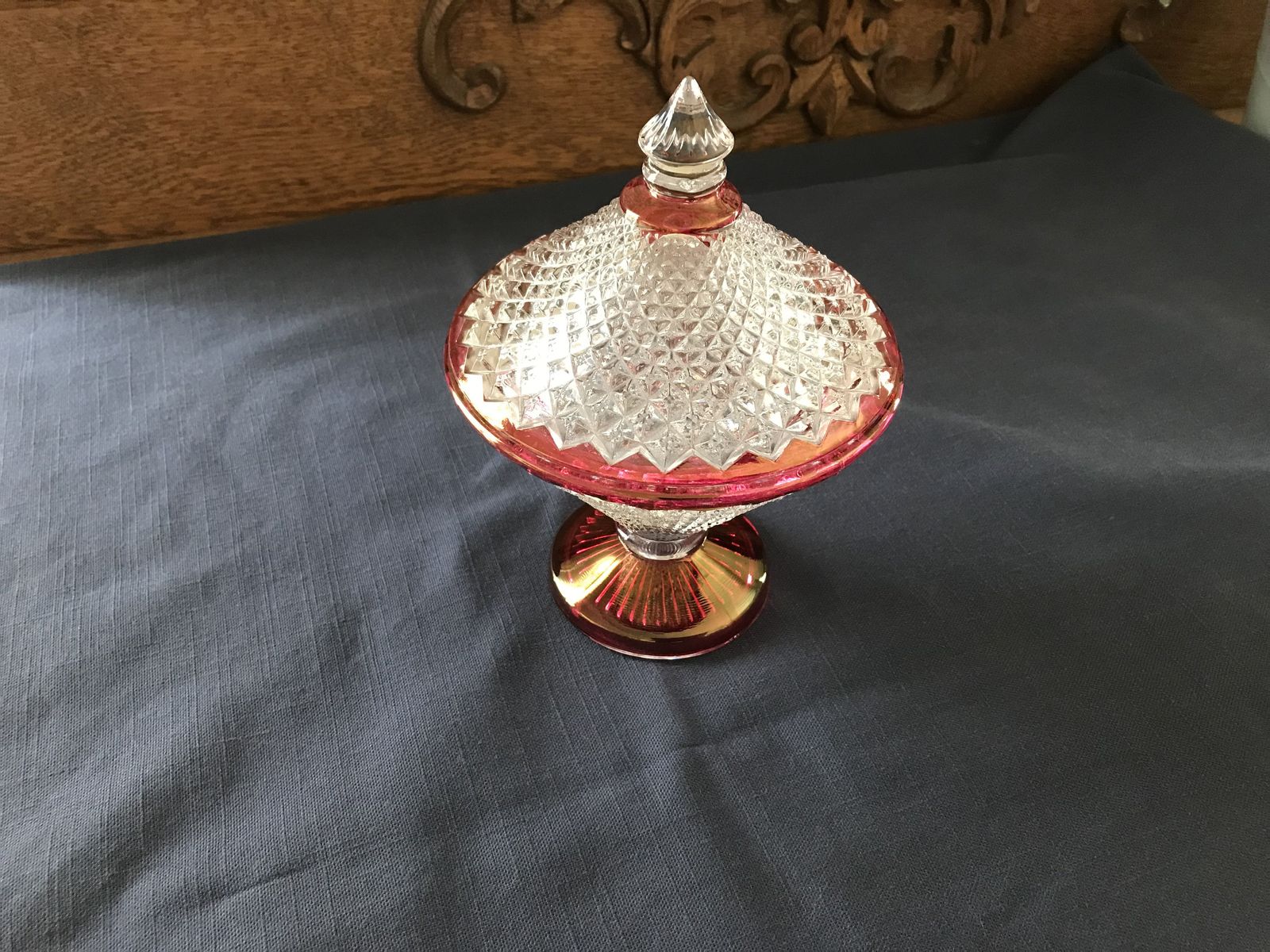 crystal and depression pink glass candy dish with lid