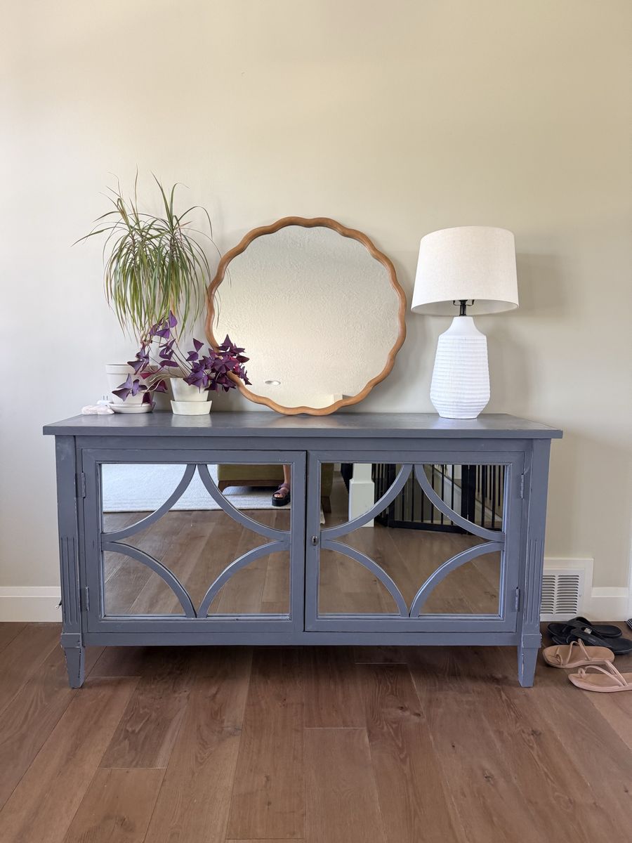 Gray Painted Credenza with Mirrored Glass Doors