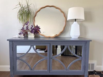 Gray Painted Credenza with Mirrored Glass Doors