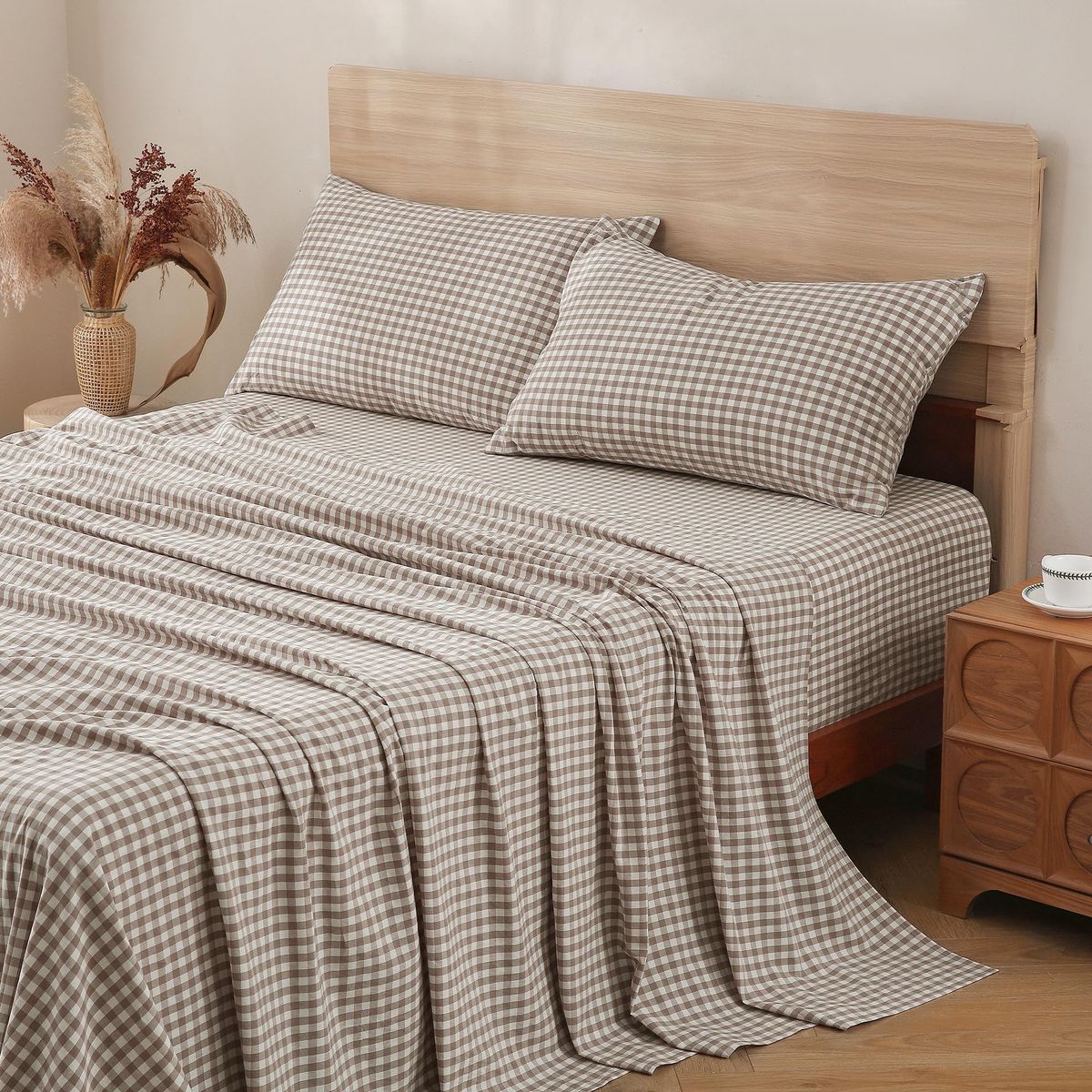 TOCOMOA Tan Gingham Sheets Bedding Set 100% Washed Cotton Like Linen Feel Breathable Soft Comfy 4-Piece Brown Plaid Checkered Fa