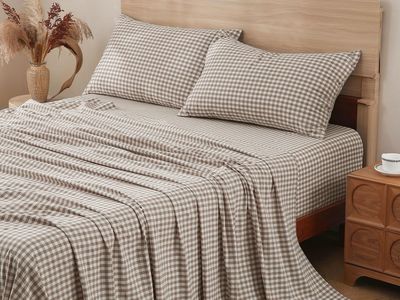 TOCOMOA Tan Gingham Sheets Bedding Set 100% Washed Cotton Like Linen Feel Breathable Soft Comfy 4-Piece Brown Plaid Checkered Fa
