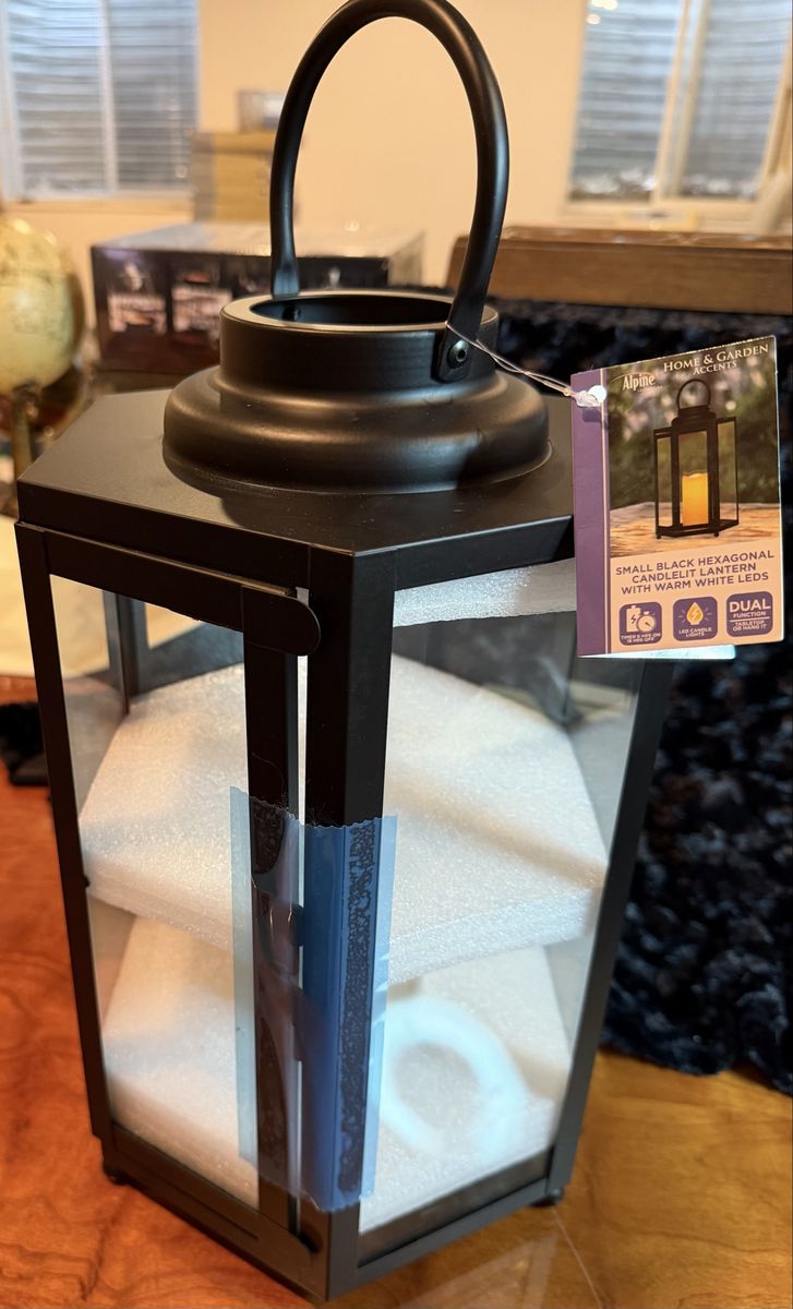 Alpine Home & Garden Small Black Hexagonal Solar LED Lantern with Warm White LEDs