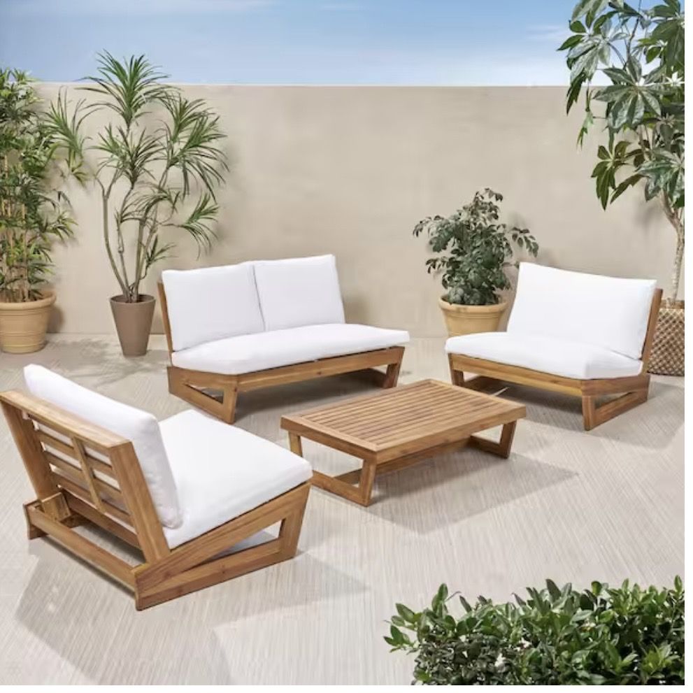 Noble House Sherwood Teak Brown 4-Piece Wood Outdoor Patio Conversation Set with White Cushions