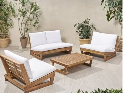 Noble House Sherwood Teak Brown 4-Piece Wood Outdoor Patio Conversation Set with White Cushions