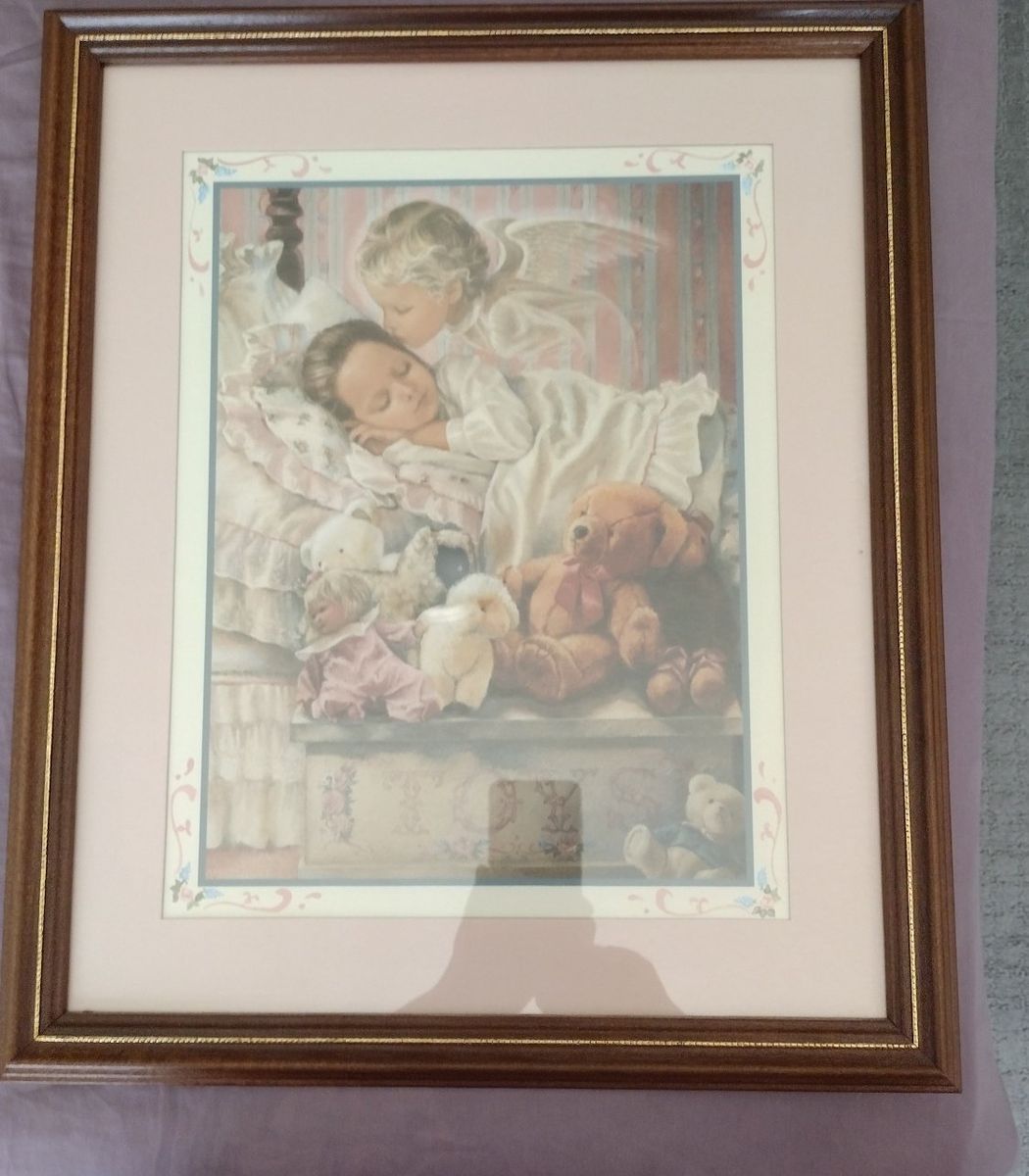Vintage "Guardian Angel" Print Framed Wall Art, Child Sleeping w/ Angel, Nursery Decor