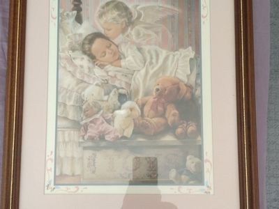 Vintage "Guardian Angel" Print Framed Wall Art, Child Sleeping w/ Angel, Nursery Decor