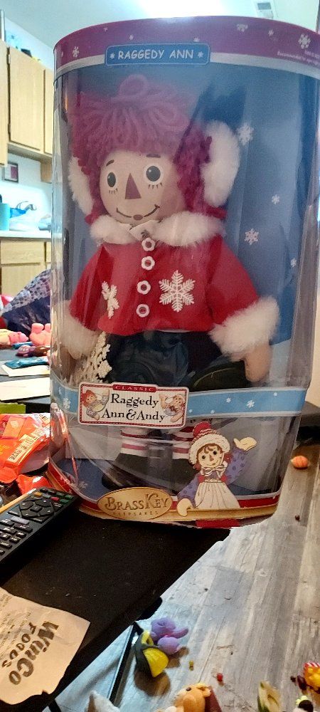 Brass Key Raggedy Ann & Andy Winter Holiday Doll in Box - Red Coat, White Earmuffs
