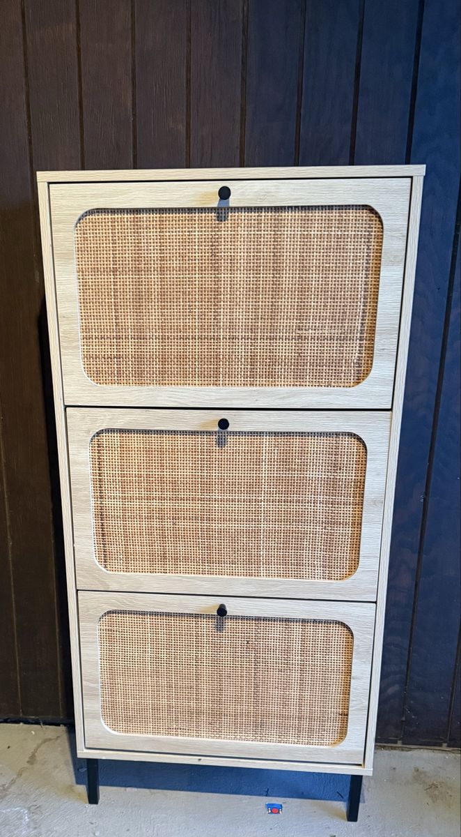 Rattan Shoe Cabinet with 3 Flip Drawers and Black Legs