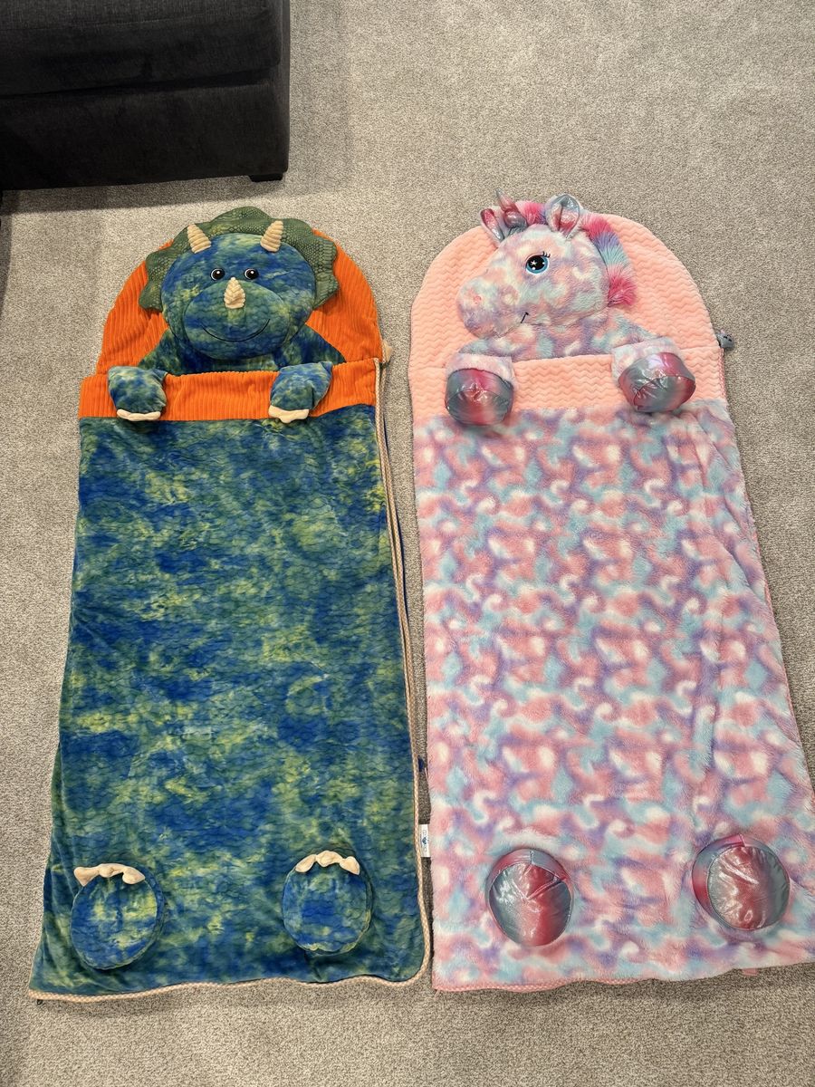 Kids Plush Animal Sleeping Bags - Dinosaur and Unicorn Set of 2