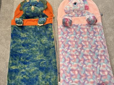 Kids Plush Animal Sleeping Bags - Dinosaur and Unicorn Set of 2