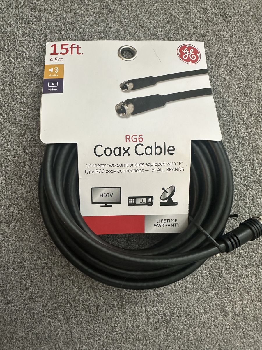 GE RG6 Coaxial Cable – 15 ft. (4.5m) | Black | F-Type Connectors | NEW