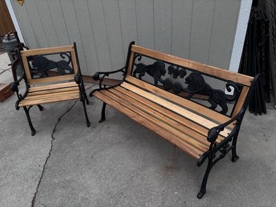 Bench and chair set Lions accents Cast Iron Park Benches, ADULT SIZE