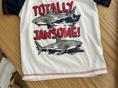 Crown & Marks Boys' Rash Guard "Totally Jawsome!" White/Navy Size 6-9 Months Short Sleeve Swim Shirt