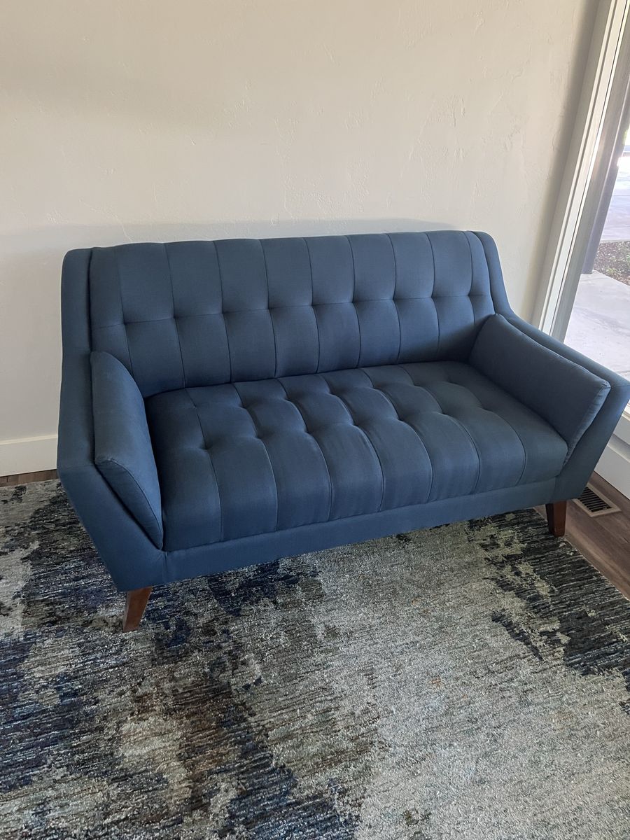 Navy Blue Tufted Loveseat Mid-Century Modern Sofa with Wood Legs - Excellent Condition