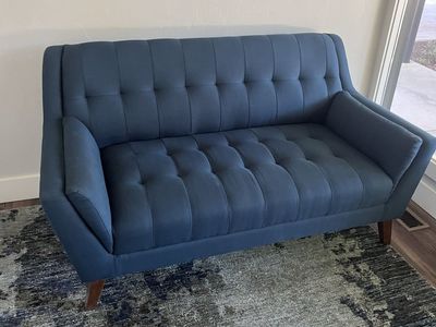Navy Blue Tufted Loveseat Mid-Century Modern Sofa with Wood Legs - Excellent Condition