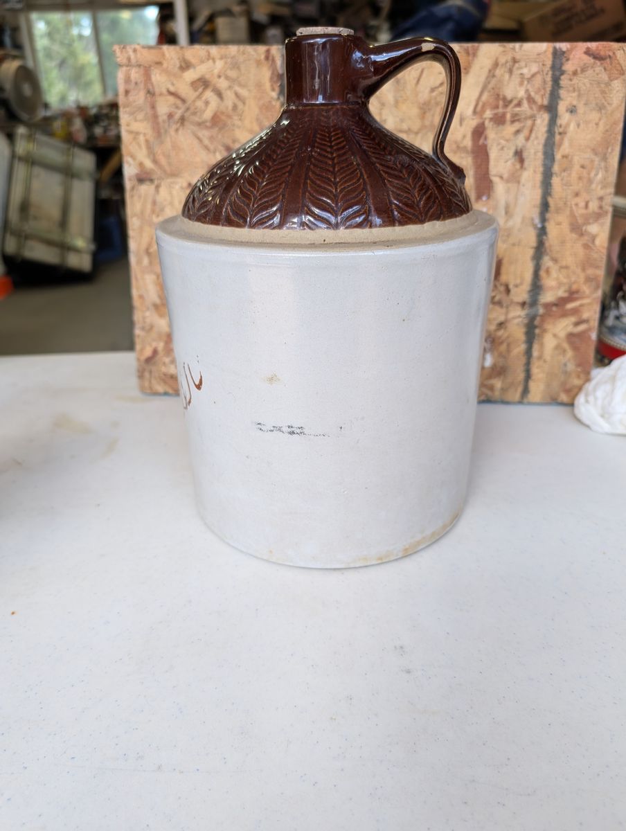 Vintage Stoneware Crock Jug with Brown Leaf Pattern and Handle