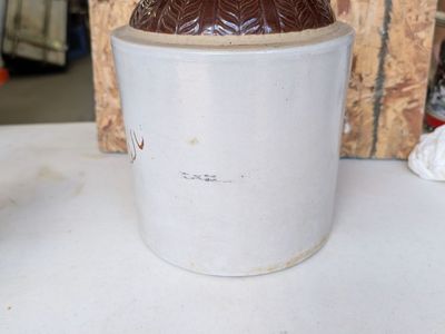 Vintage Stoneware Crock Jug with Brown Leaf Pattern and Handle