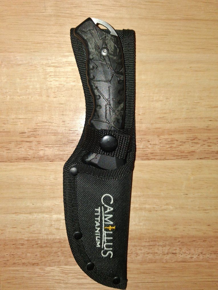 Camillus Titanium Fixed Blade Hunting Knife with Gut Hook and Sheath