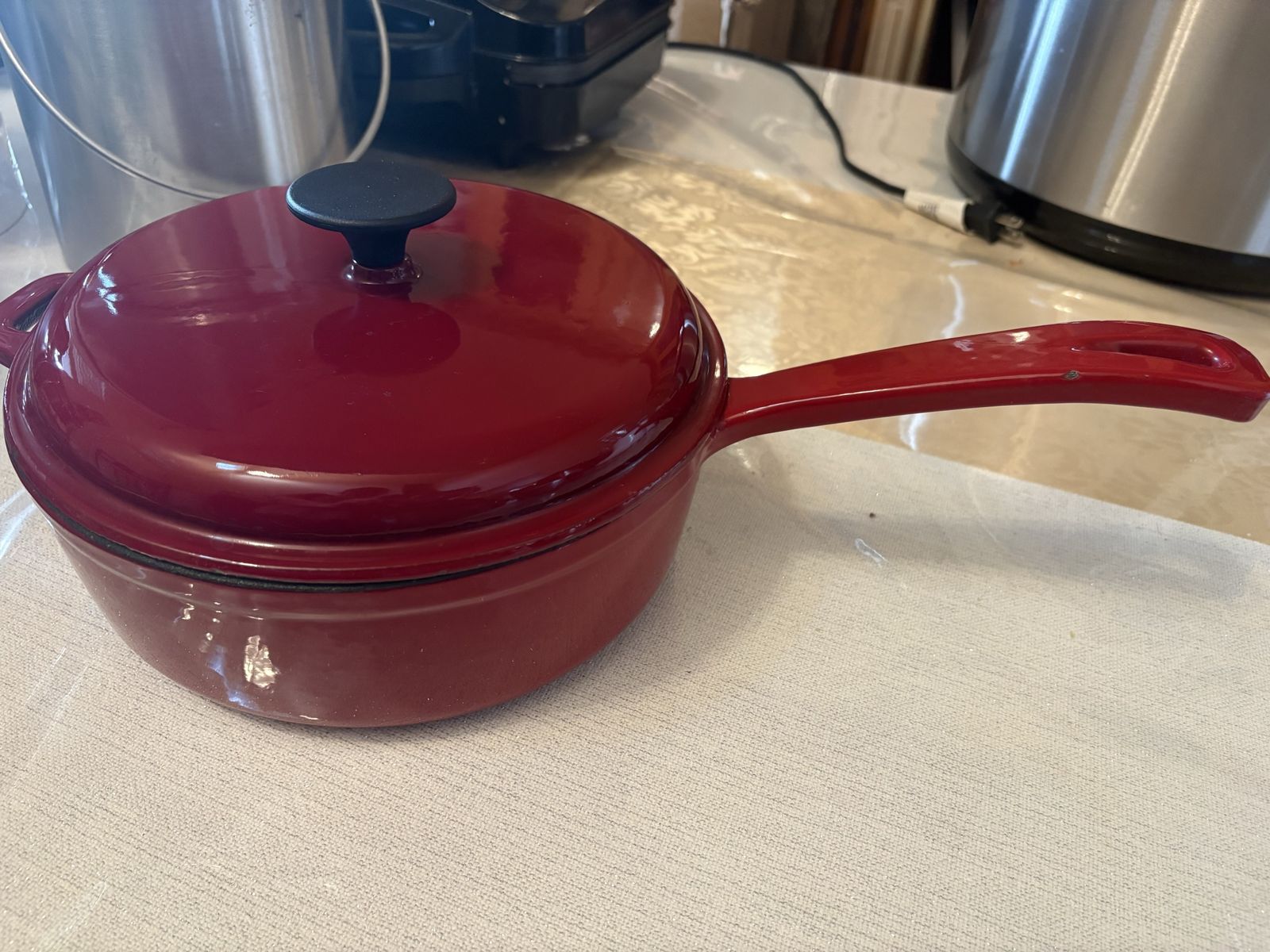 Red Enameled Cast Iron Saucepan with Lid