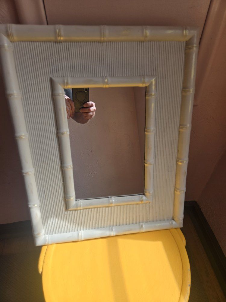 Vintage Faux Bamboo Cane Weave Mirror - White & Gold, Hollywood Regency Wall Decor