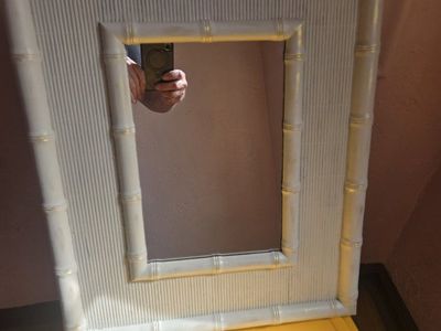 Vintage Faux Bamboo Cane Weave Mirror - White & Gold, Hollywood Regency Wall Decor