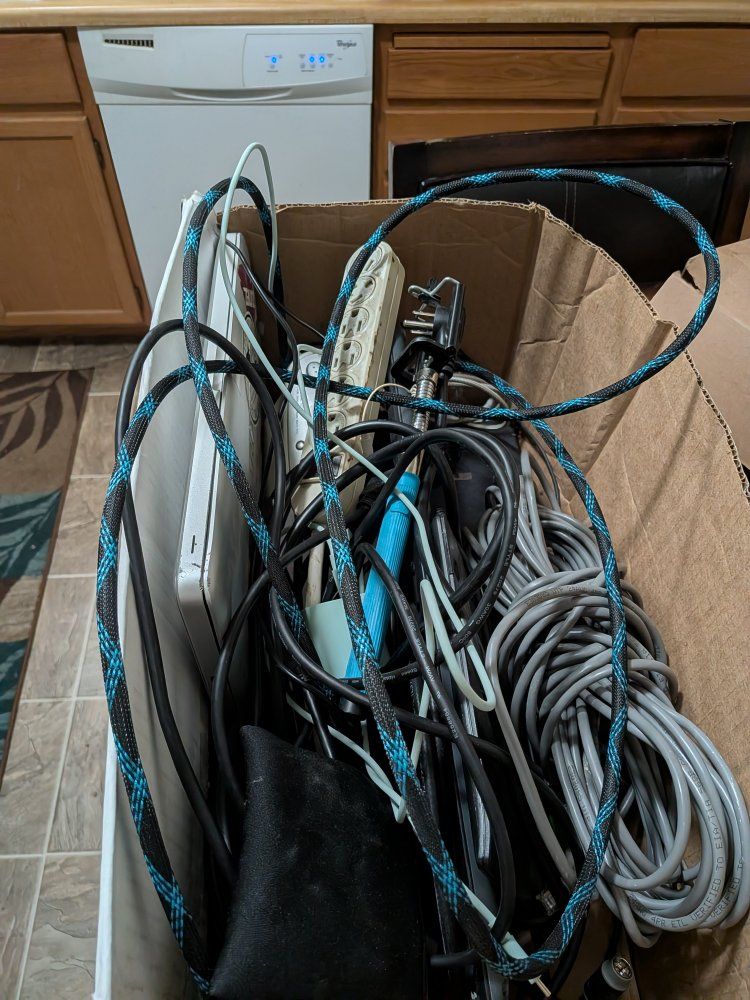 Box of Assorted Used Electronics, Cables, and Accessories - Power Strips, Chargers, Cables
