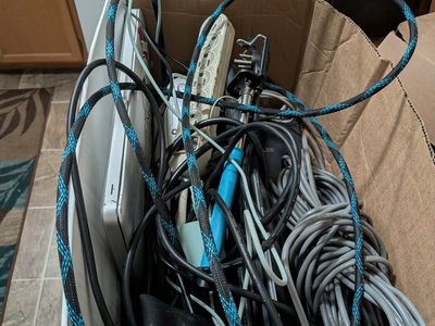 Box of Assorted Used Electronics, Cables, and Accessories - Power Strips, Chargers, Cables