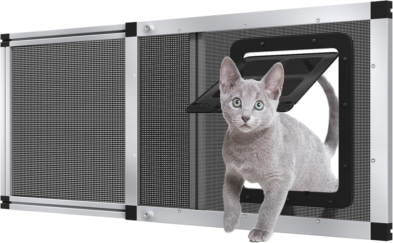 Ventilated Cat / Pet Door for Window 32"-38" Wide Adjustable, Silver Aluminum Frame