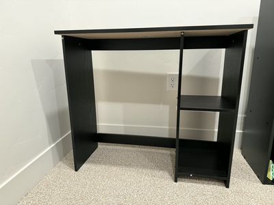 Black Wood Finish Computer Desk with Built-in Shelves - Compact Home Office Study Table