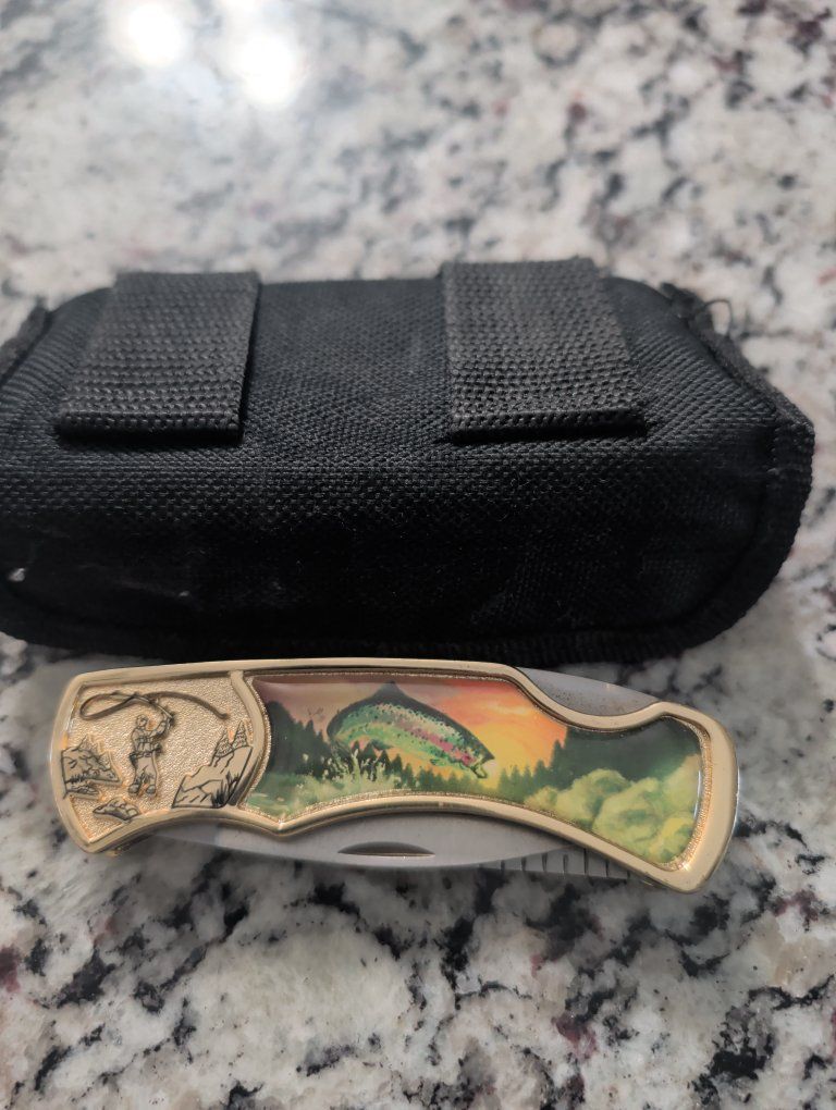 Franklin Mint Collector Folding Pocket Knife Gold Tone w/ Fishing Scene & Black Nylon Sheath
