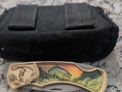 Franklin Mint Collector Folding Pocket Knife Gold Tone w/ Fishing Scene & Black Nylon Sheath
